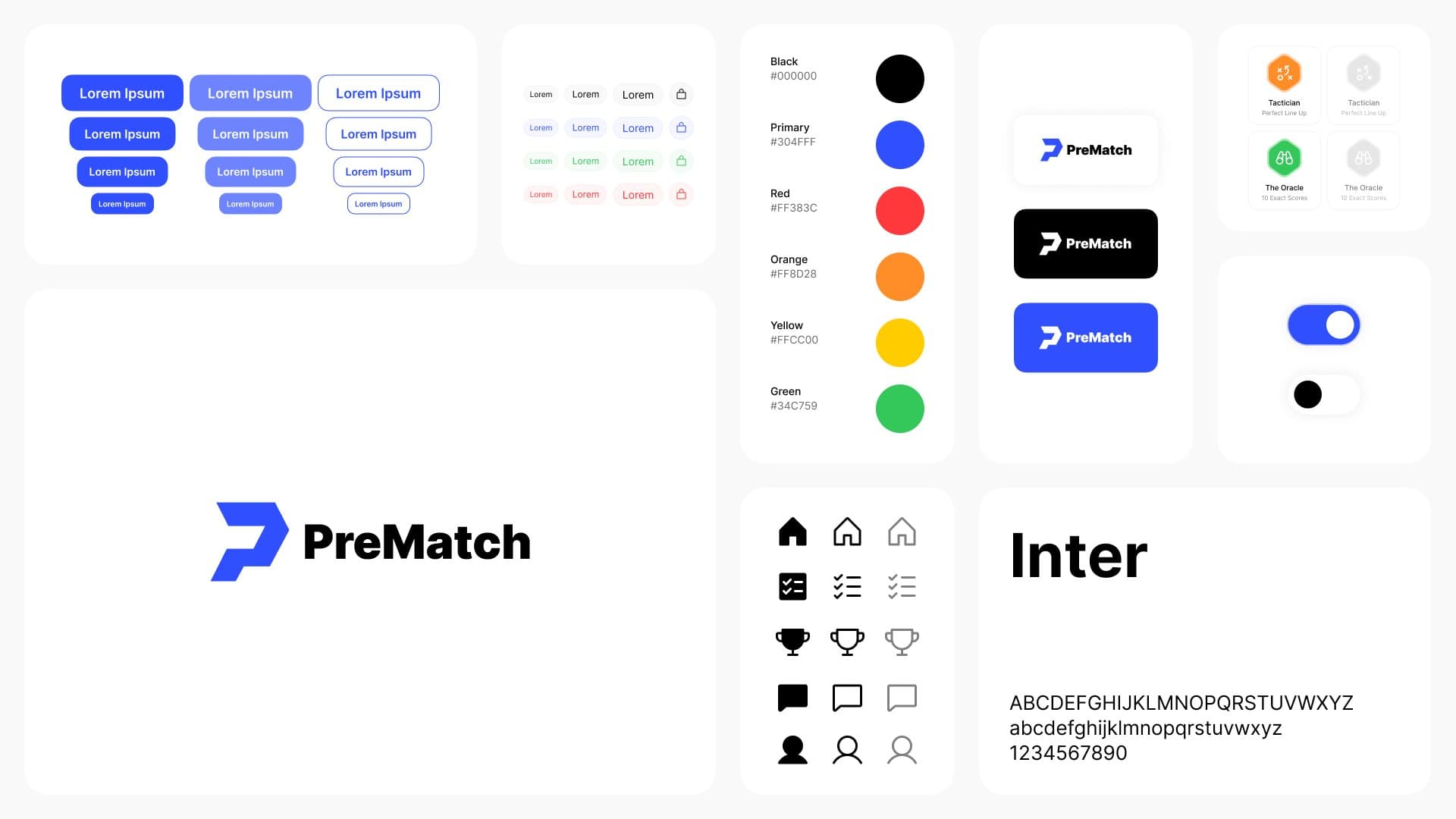 PreMatch design system: logo, buttons, colours with a strong primary blue, icons in three states, badges and the Inter typeface